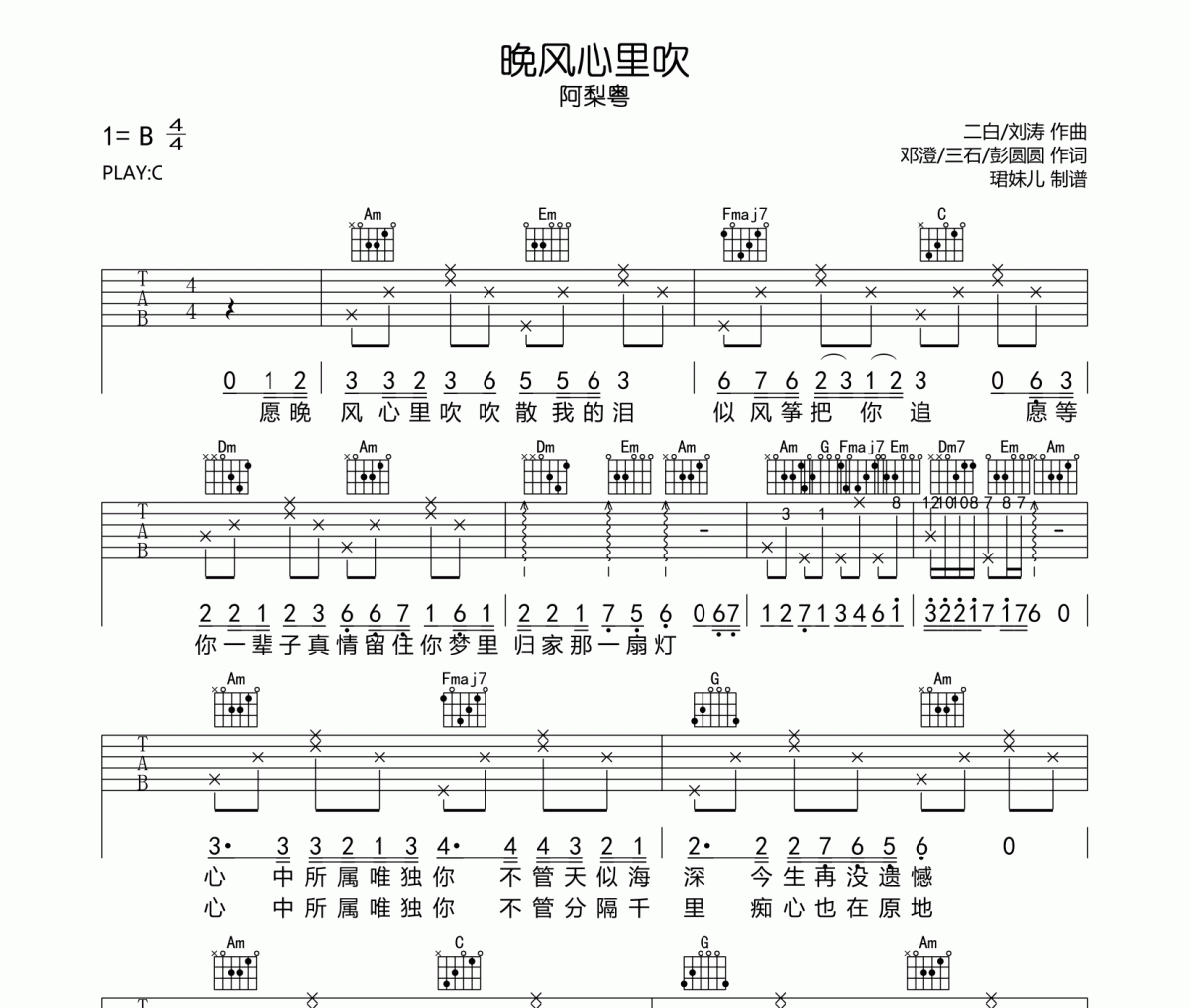 阿梨粵《晚風(fēng)心里吹》吉他譜六線譜C調(diào)編配
