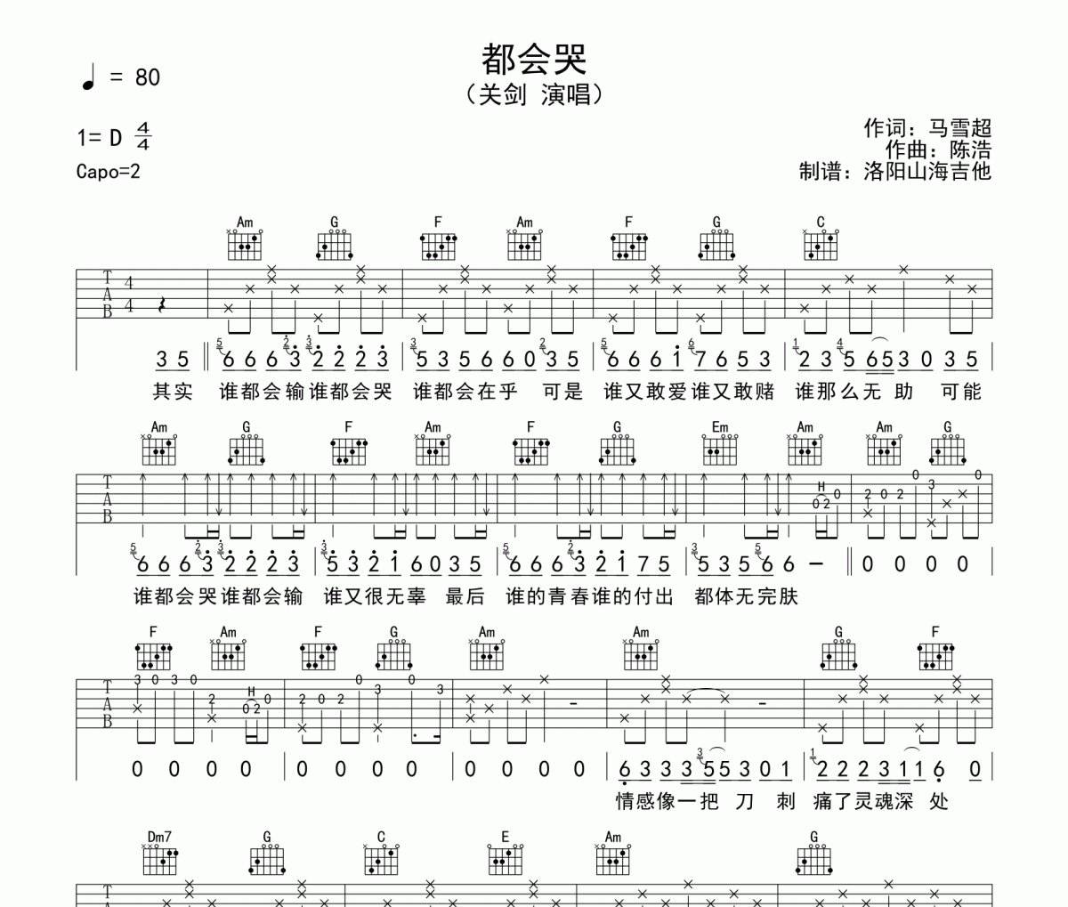 關(guān)劍《都會哭》吉他譜六線譜