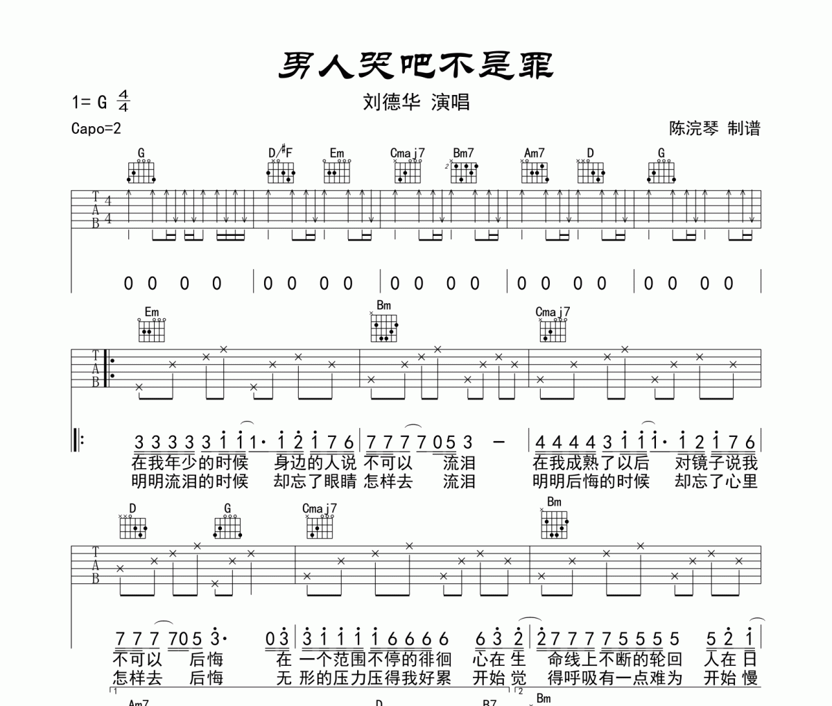 劉德華-男人哭吧不是罪吉他譜彈唱譜