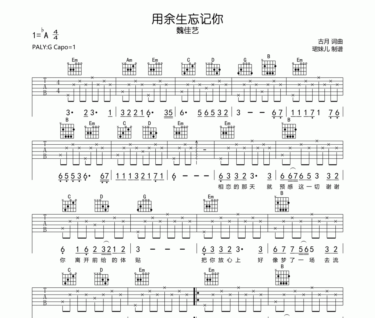 魏佳藝-用余生忘記你吉他譜六線譜G調