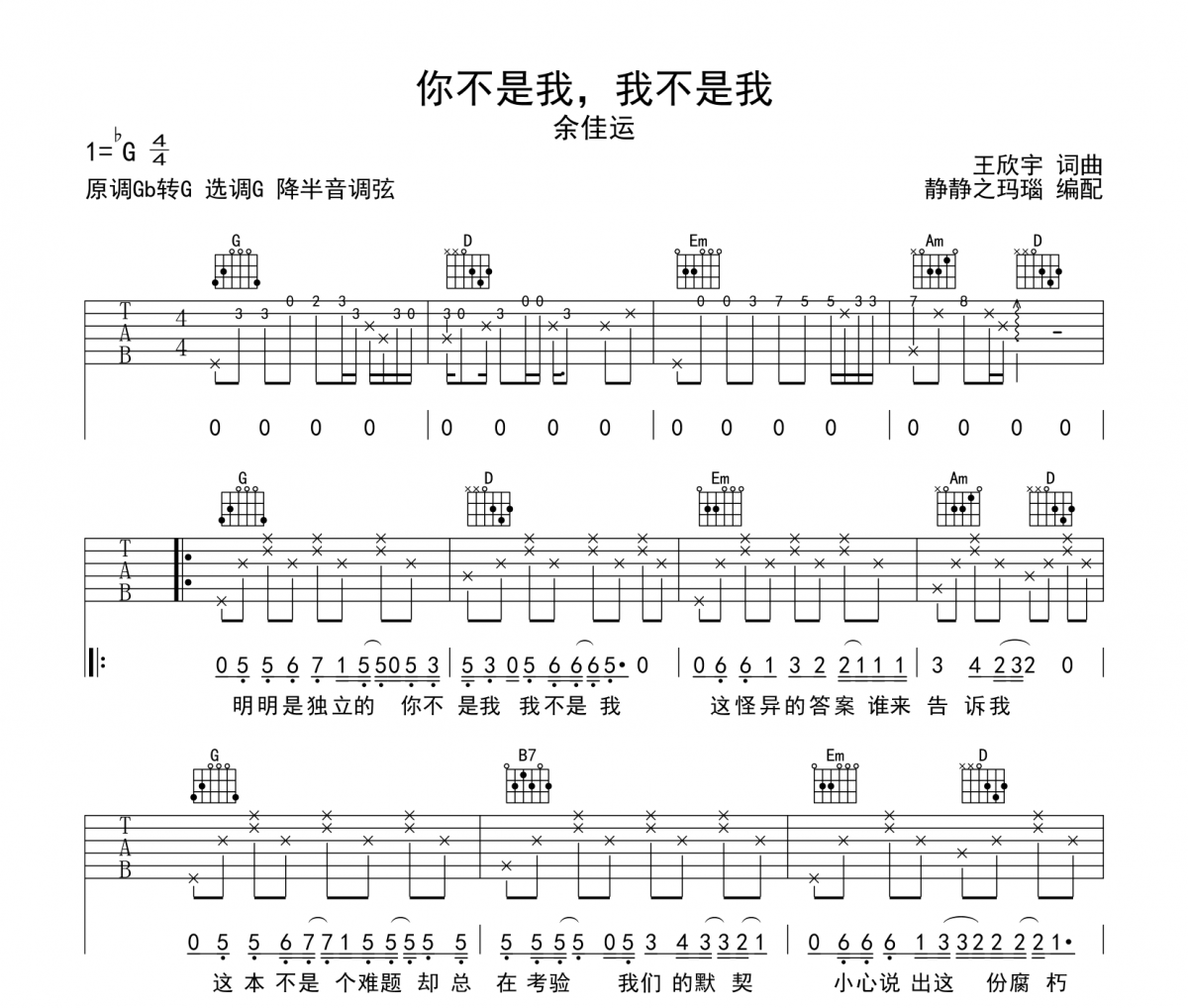 余佳運-你不是我，我不是我吉他譜六線譜