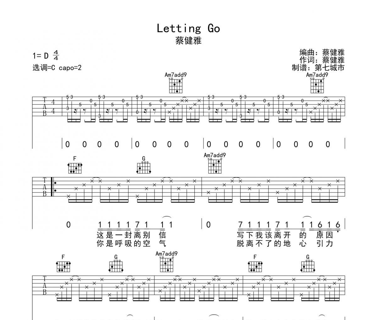 蔡健雅-Letting Go吉他譜C調彈唱