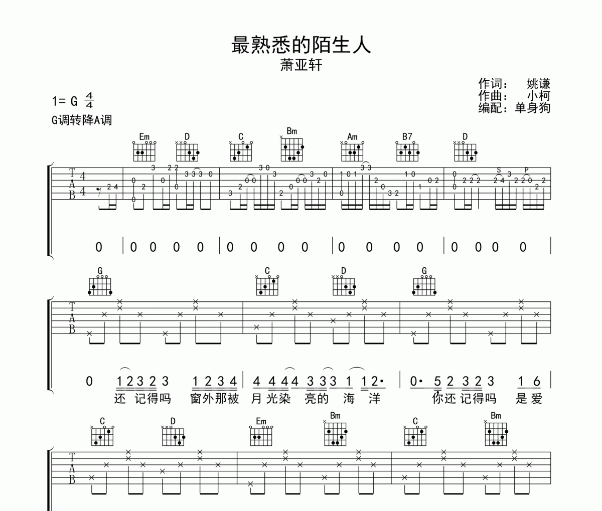 蕭亞軒-最熟悉的陌生人吉他譜六線譜G調(diào)
