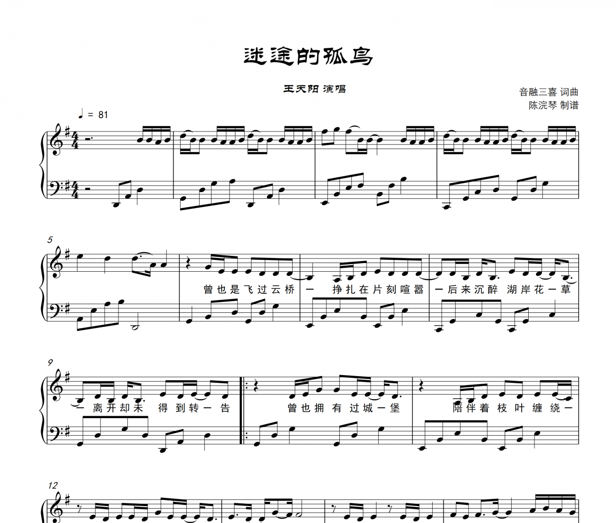 王天陽(yáng)-迷途的孤鳥G調(diào)鋼琴譜五線譜