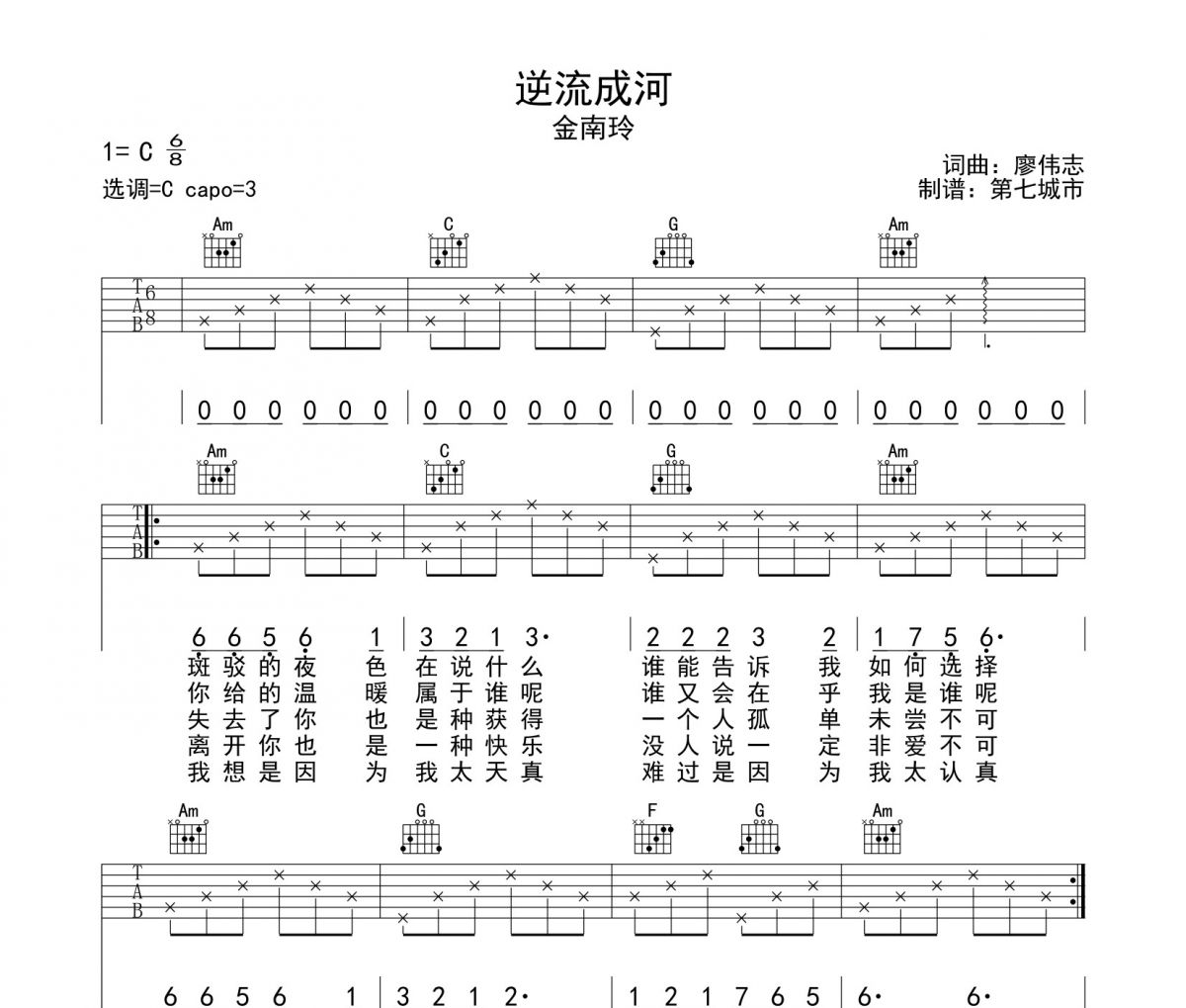 金南玲-逆流成河吉他譜六線譜