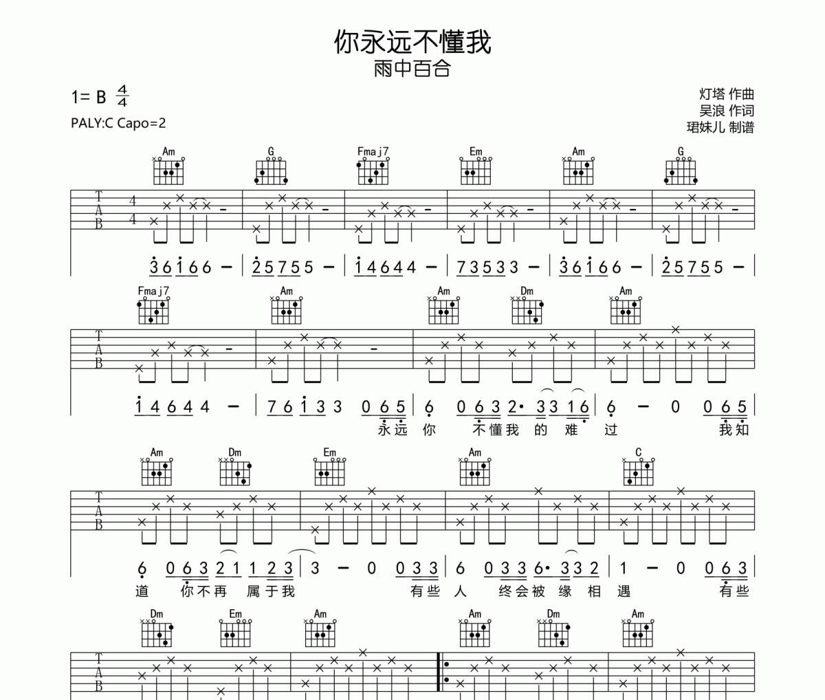 你永遠不懂我吉他譜 雨中百合-你永遠不懂我六線譜C調編配