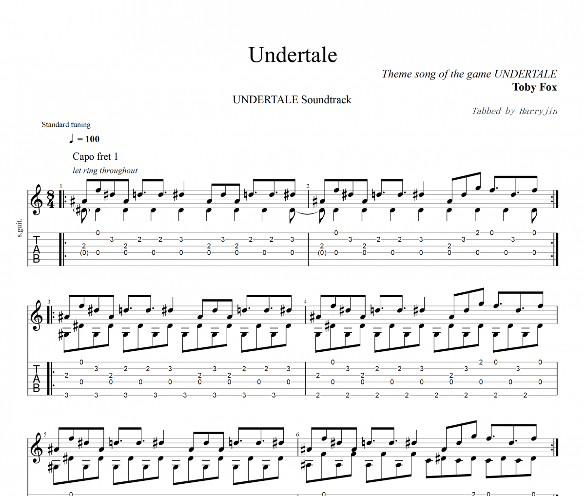 Undertale吉他譜 Toby Fox-Undertale六線譜