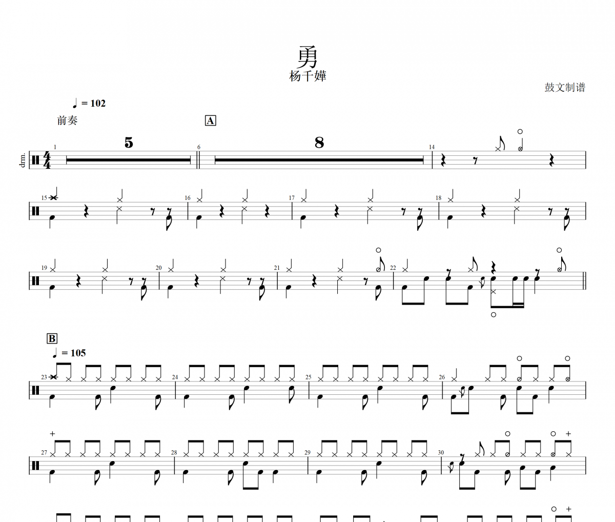 楊千嬅-勇架子鼓譜爵士鼓曲譜 鼓文制譜
