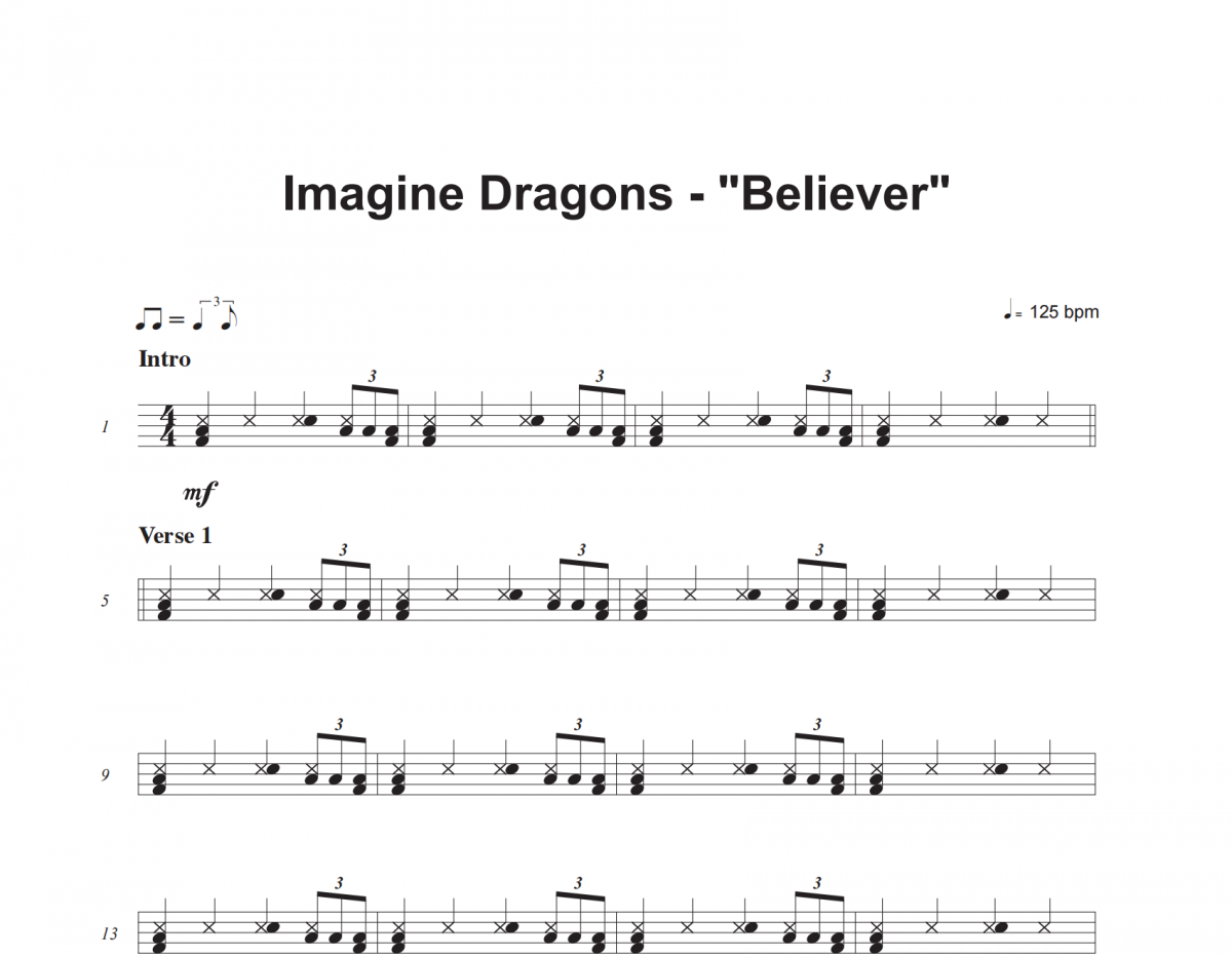 Imagine Dragons-Believer架子鼓譜爵士鼓曲譜