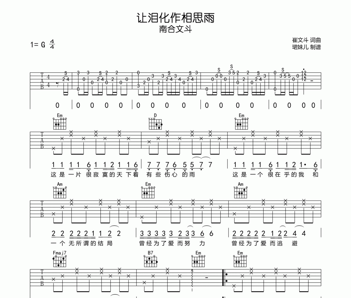 讓淚化作相思雨吉他譜 南合文斗-讓淚化作相思雨六線譜