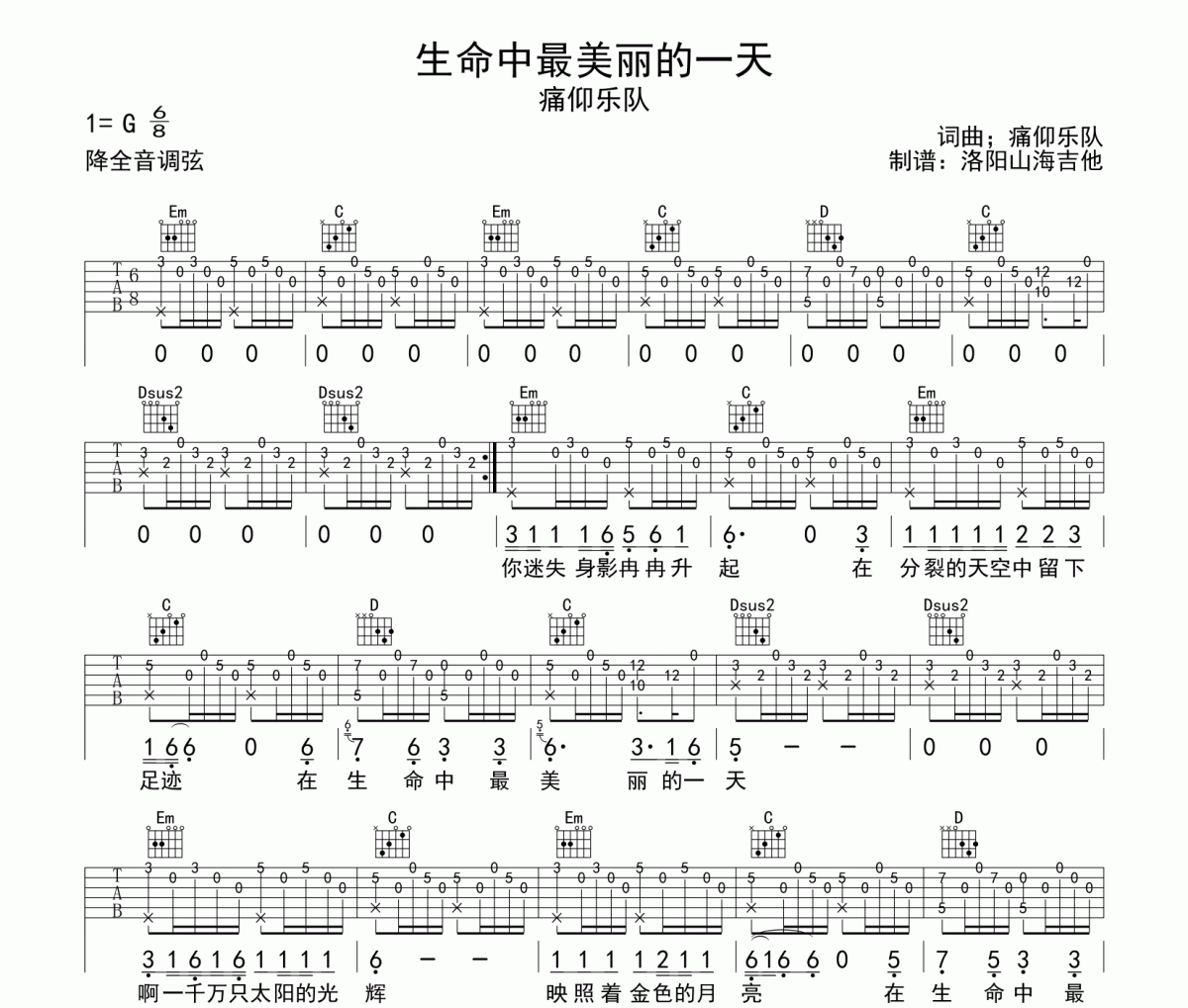 痛仰樂隊《生命中最美麗的一天》原版吉他譜六線譜