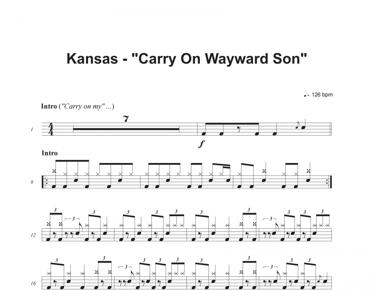 Kansas-Carry On Wayward Son架子鼓譜爵士鼓曲譜