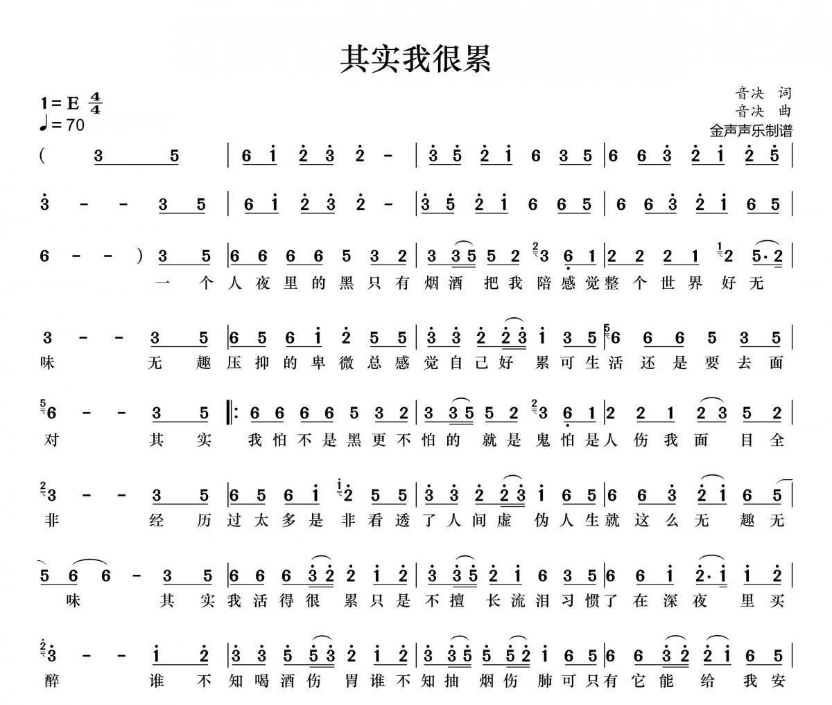 安兒陳-其實(shí)我很累簡(jiǎn)譜E調(diào)+動(dòng)態(tài)簡(jiǎn)譜