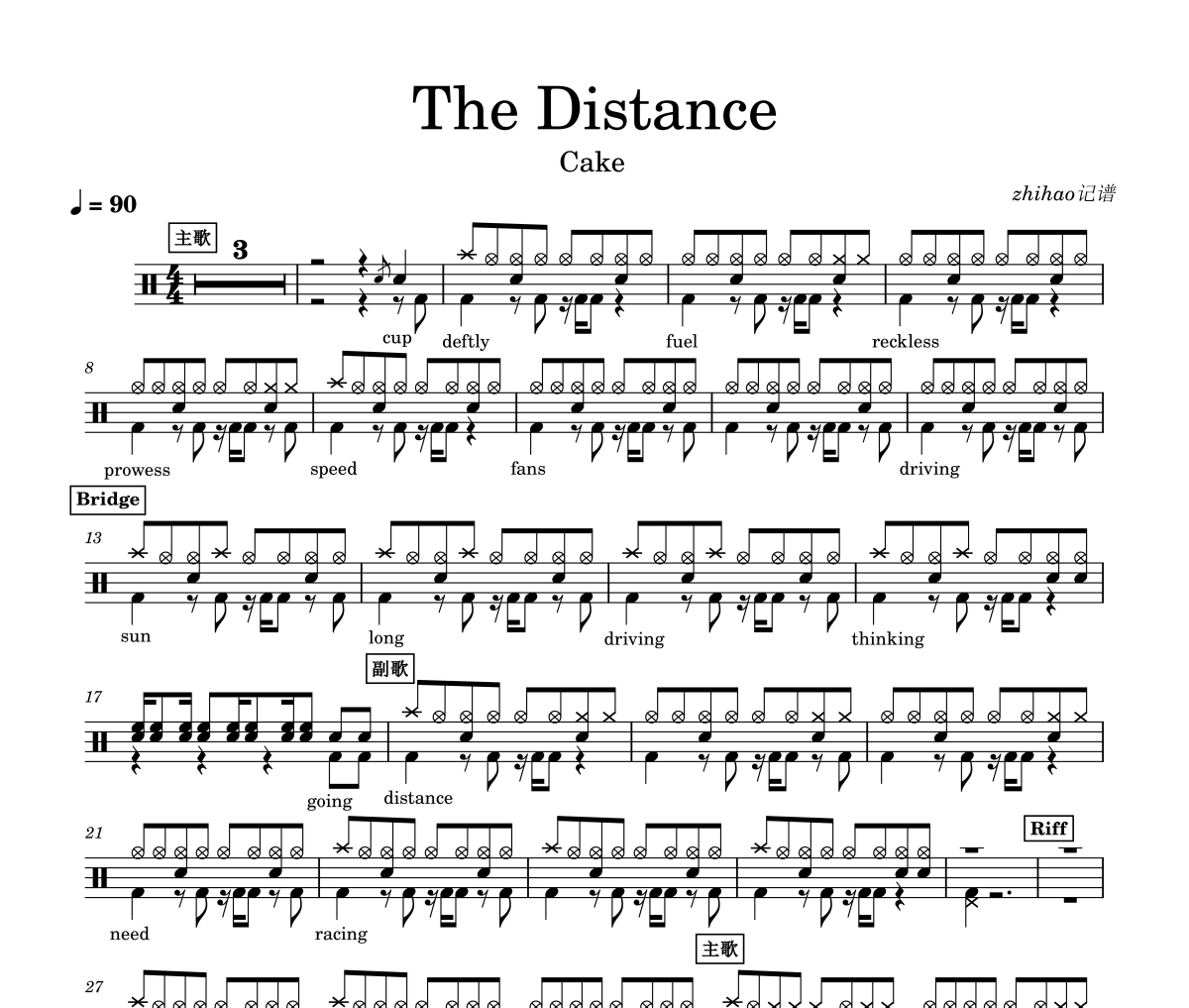 The Distance鼓譜 Cake-The Distance架子鼓譜