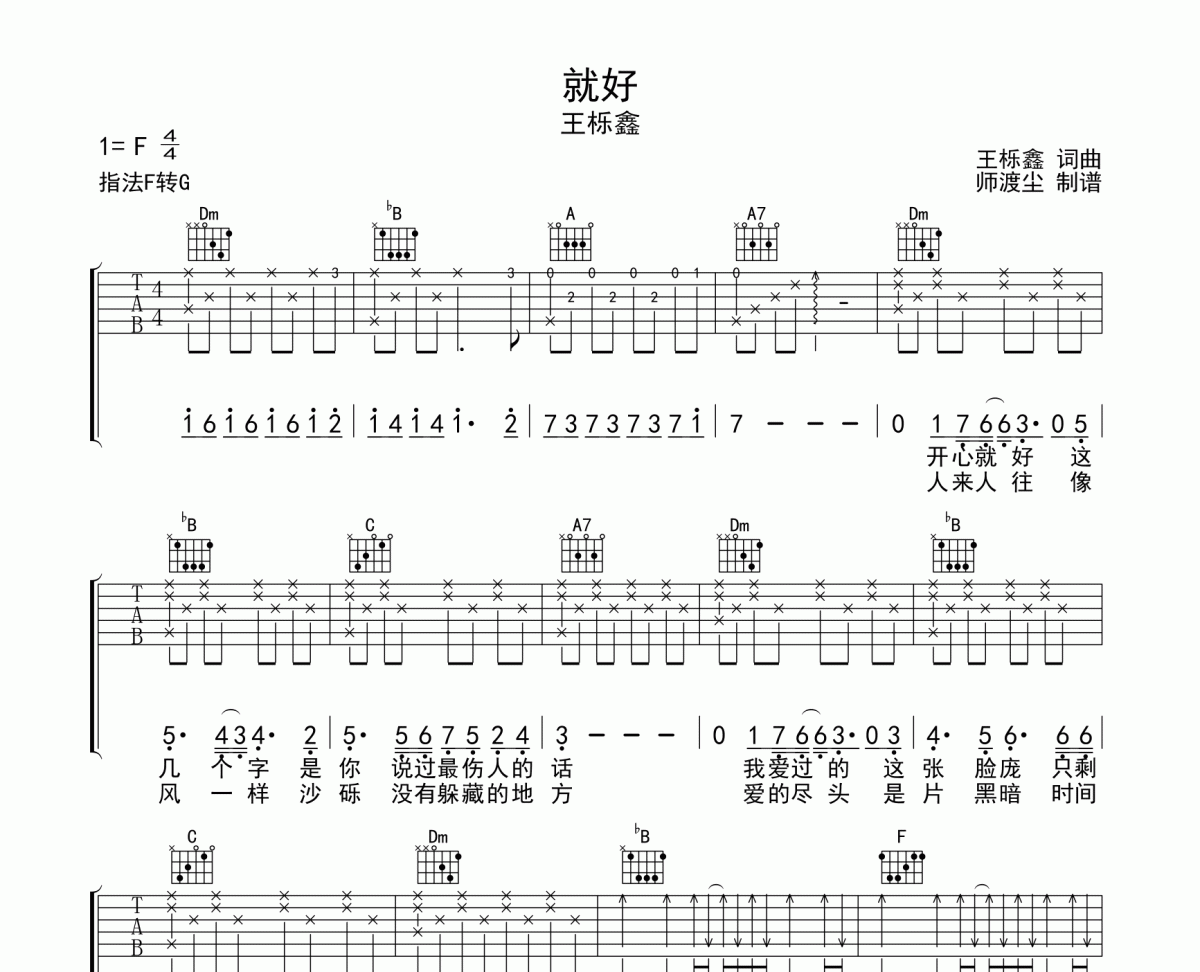 就好吉他譜 王櫟鑫《就好》六線譜|吉他譜F調(diào)和弦指法編配