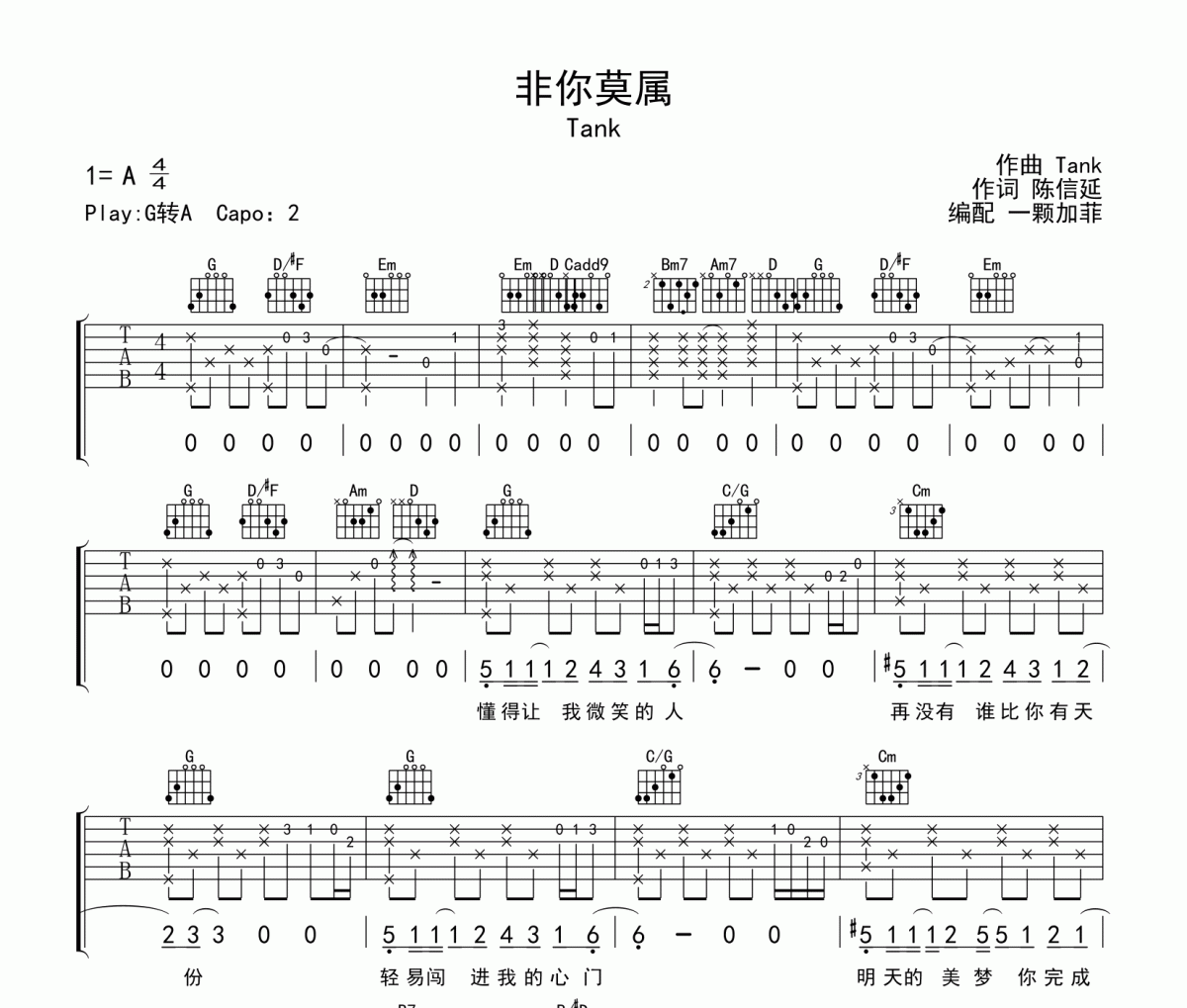 Tank 非你莫屬吉他譜六線譜