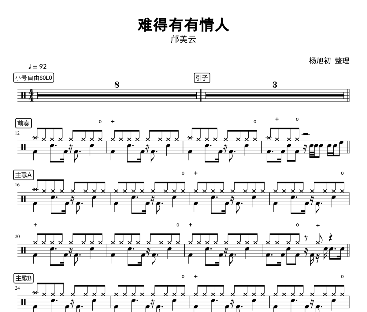 難得有情人鼓譜 鄺美云《難得有情人》架子鼓|爵士鼓|鼓譜