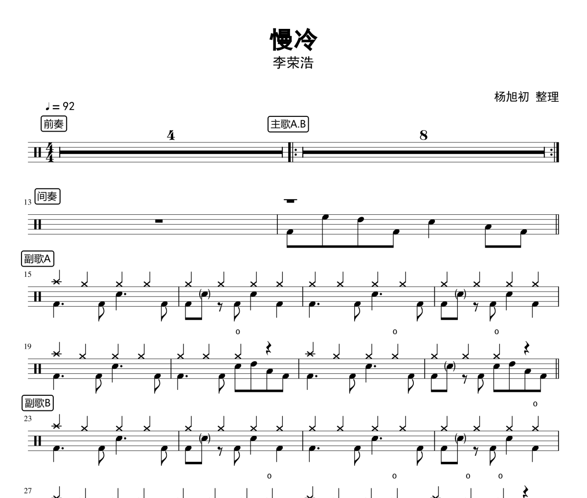 慢冷 鼓譜 李榮浩《慢冷 》(Live)架子鼓|爵士鼓|鼓譜
