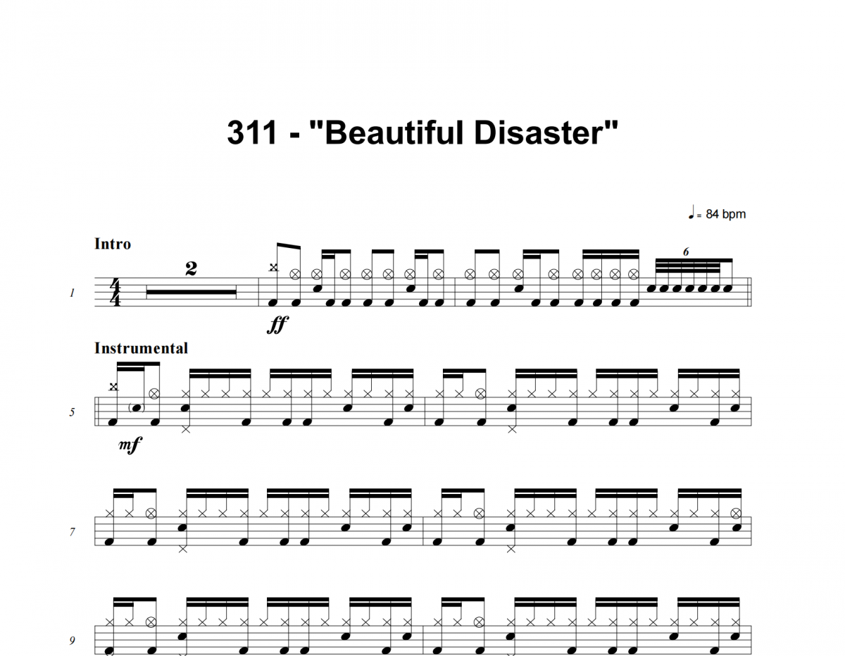 311-Beautiful Disaster (Explicit)架子鼓|爵士鼓|鼓譜