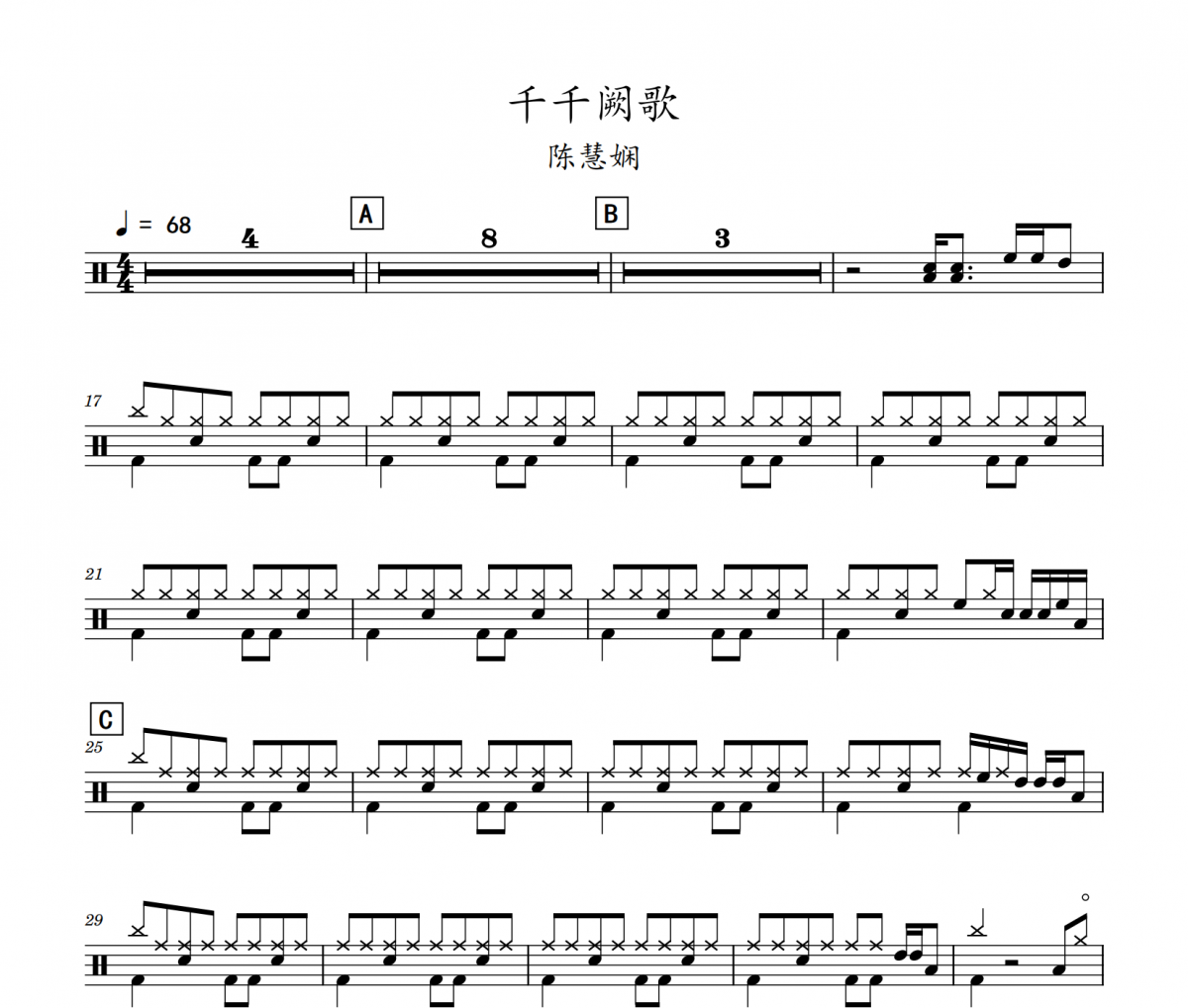 千千闋歌鼓譜 陳慧嫻-千千闋歌(初級)架子鼓|爵士鼓|鼓譜
