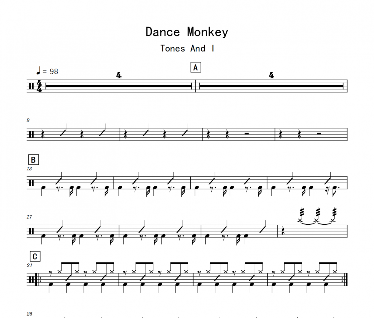 Dance Monkey鼓譜 Tones And I《Dance Monkey》架子鼓|爵士鼓|鼓譜