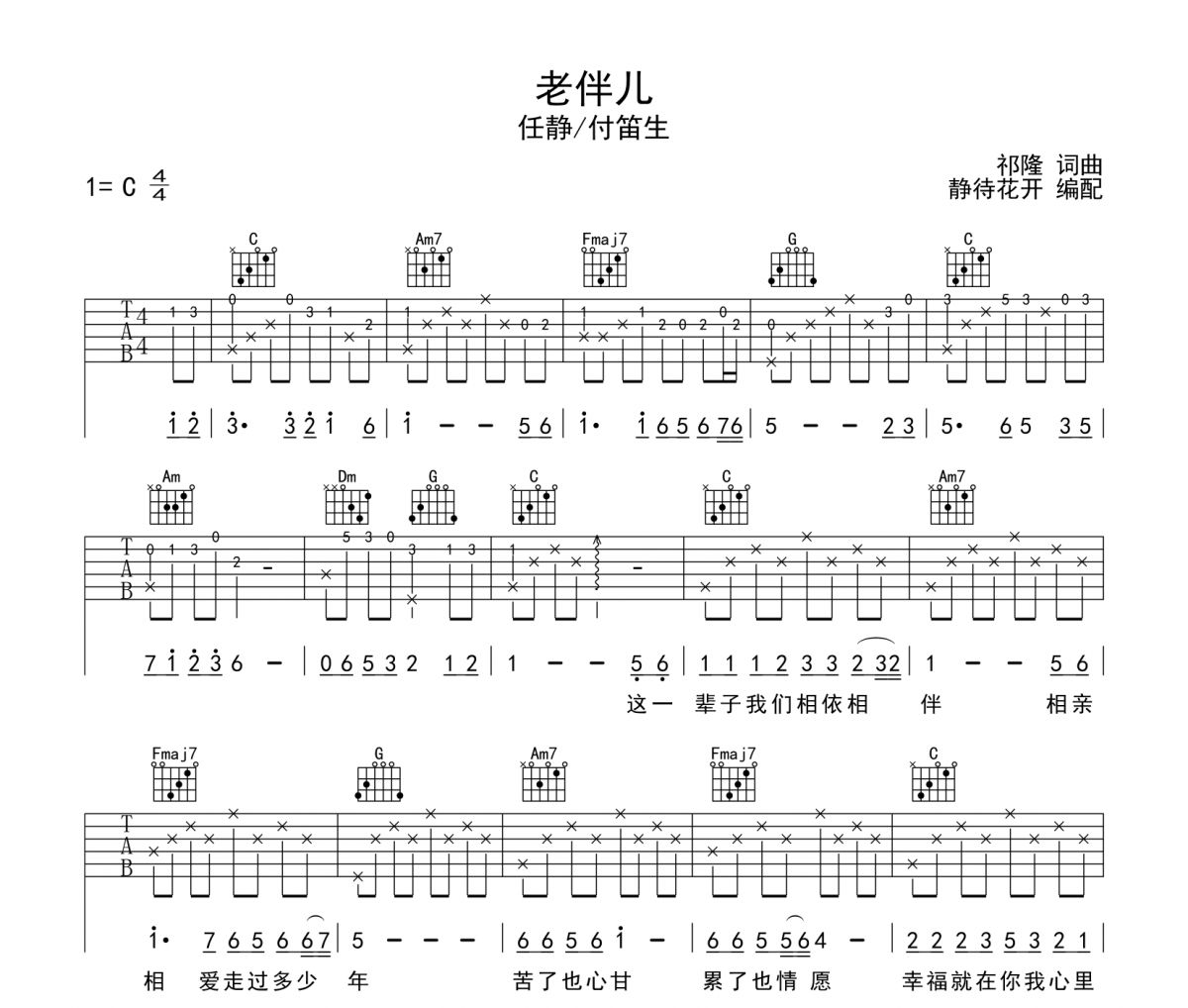 老伴兒吉他譜 任靜/付笛生《老伴兒》六線譜|吉他譜