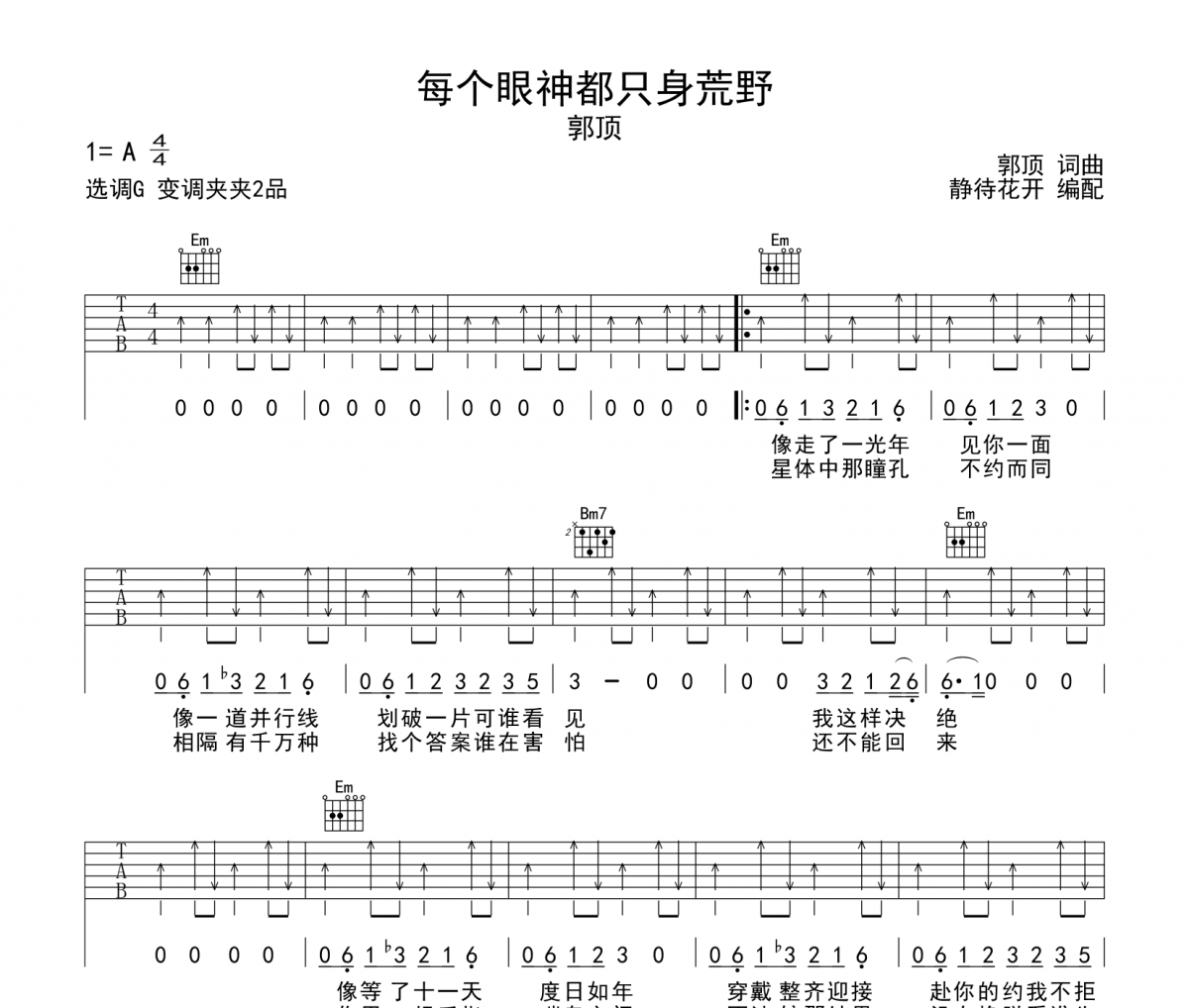 每個眼神都只身荒野吉他譜 郭頂《每個眼神都只身荒野》六線譜G調吉他譜