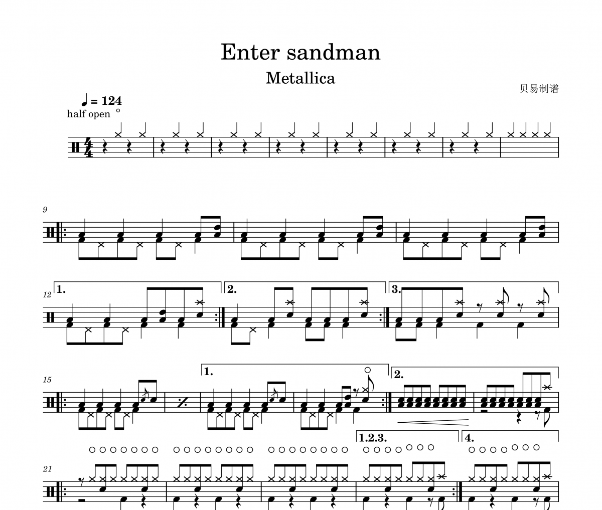 Metallica-Enter sandman架子鼓|爵士鼓|鼓譜