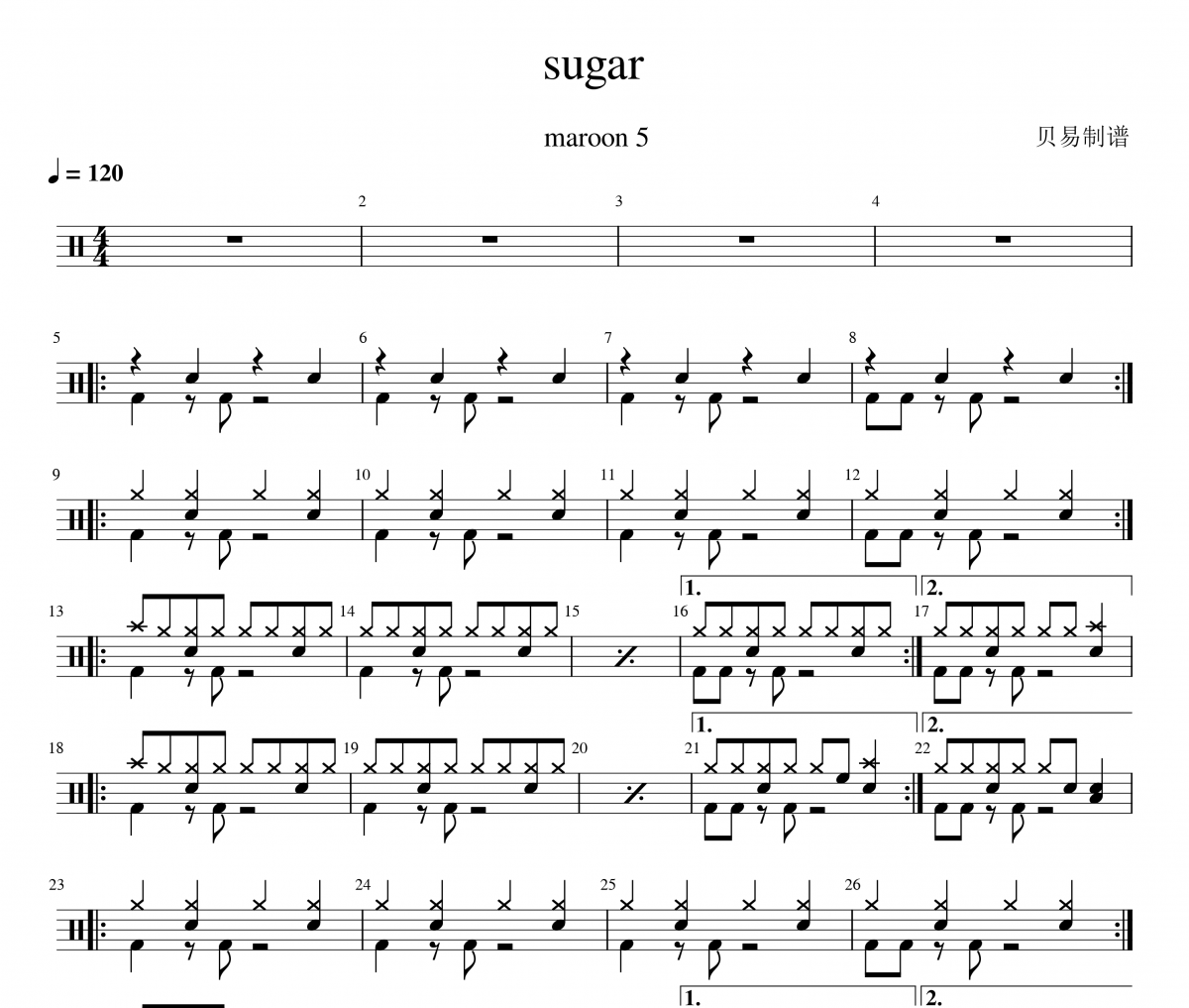 sugar鼓譜 maroon 5《sugar》架子鼓|爵士鼓|鼓譜