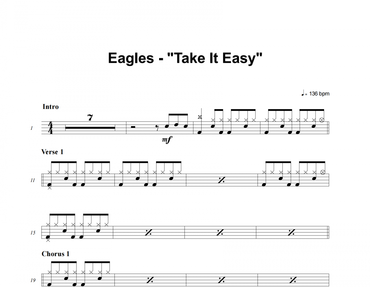 Take It Easy鼓譜 Eagles《Take It Easy》架子鼓|爵士鼓|鼓譜