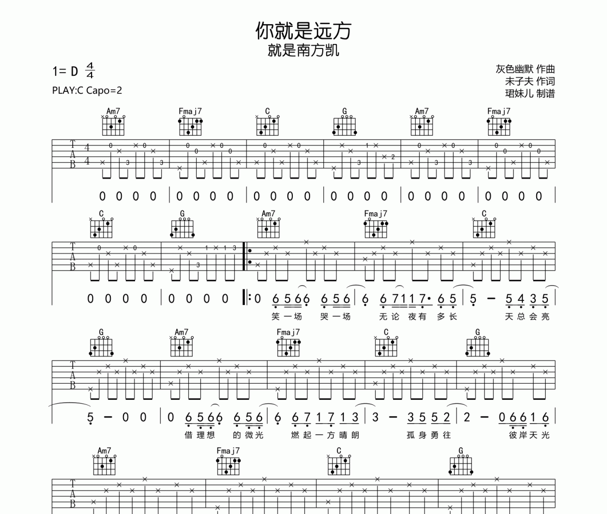 就是南方凱-你就是遠方C調指法編吉他譜六線譜