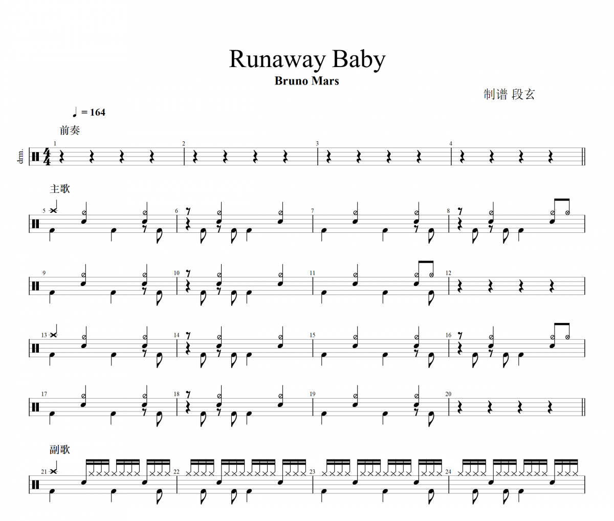 Runaway Baby鼓譜 Bruno Mars《Runaway Baby》架子鼓|爵士鼓|鼓譜+動態視頻