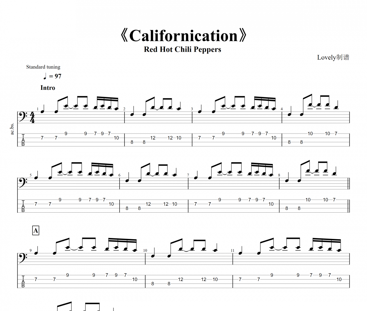 Californication貝斯譜 紅辣椒樂隊《Californication》貝司BASS譜
