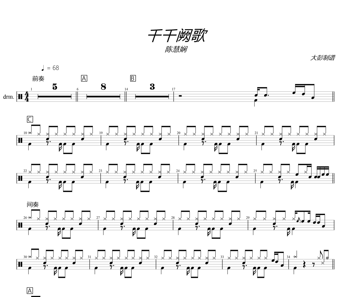 千千闕歌鼓譜 陳慧嫻《千千闕歌》架子鼓|爵士鼓|鼓譜+動態視頻