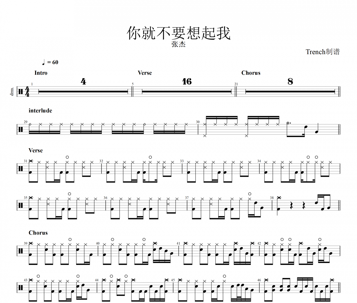 你就不要想起我鼓譜 張杰《你就不要想起我》架子鼓|爵士鼓|鼓譜