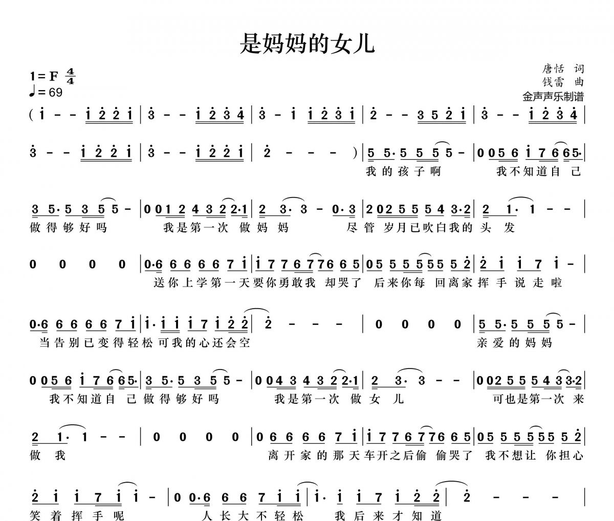 是媽媽的女兒簡譜 黃綺珊、希林娜依高《是媽媽的女兒》簡譜+動態視頻