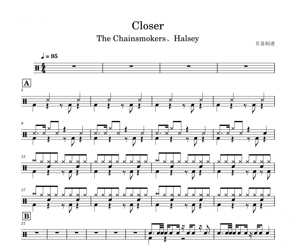 Closer鼓譜 The Chainsmokers、Halsey《Closer》架子鼓|爵士鼓|鼓譜