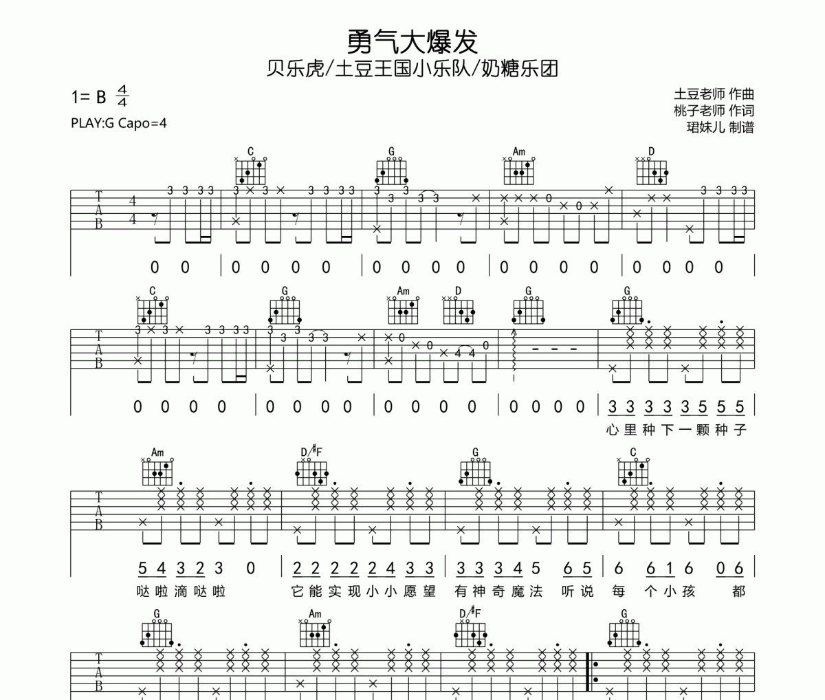 貝樂虎/土豆王國小樂隊/奶糖樂團《勇氣大爆發》G調指法編吉他譜彈唱譜