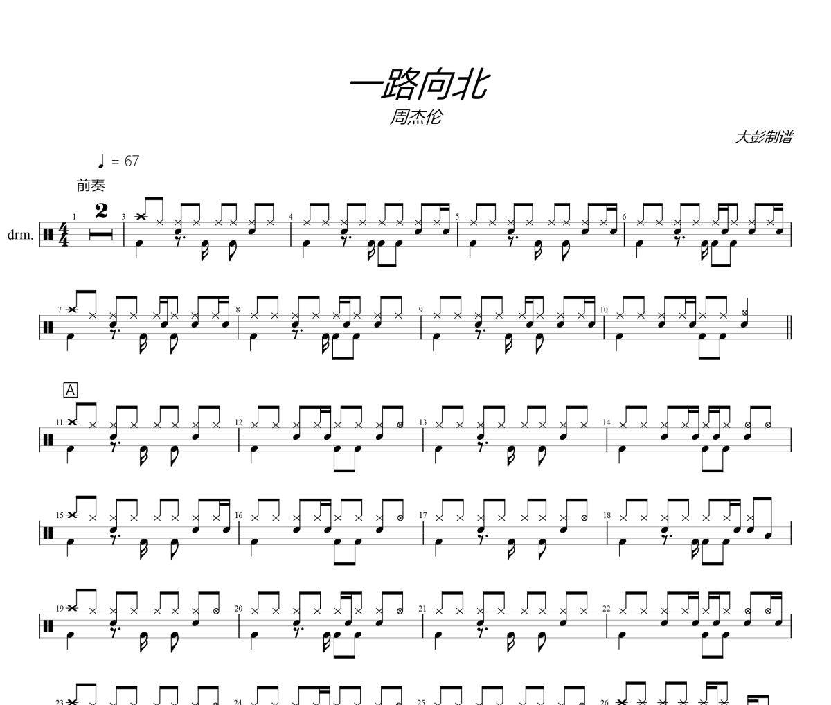 周杰倫 一路向北爵士鼓鼓譜+動(dòng)態(tài)視頻