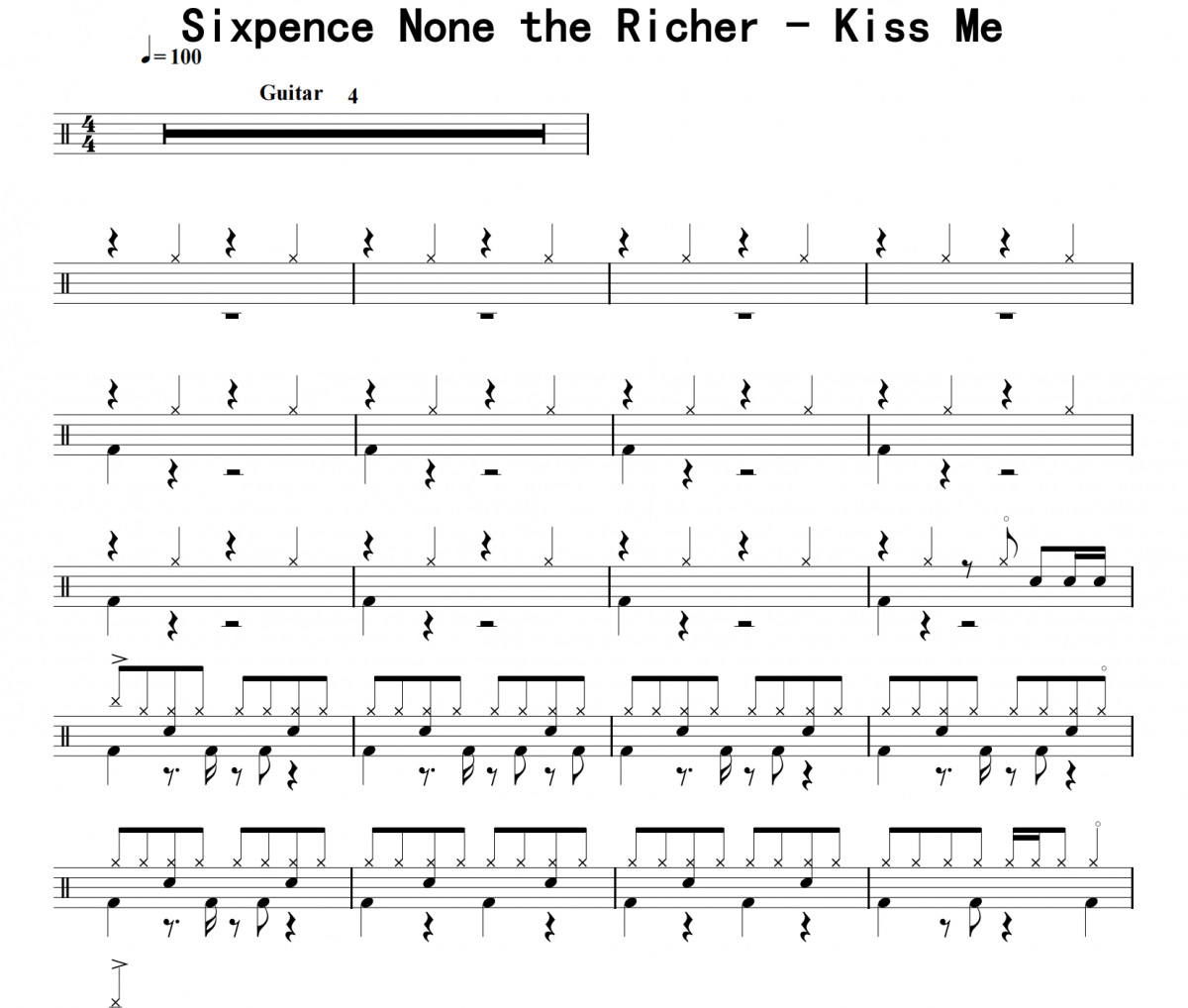 Sixpence None the Richer《Kiss Me》架子鼓|爵士鼓|鼓譜 16分音符制譜