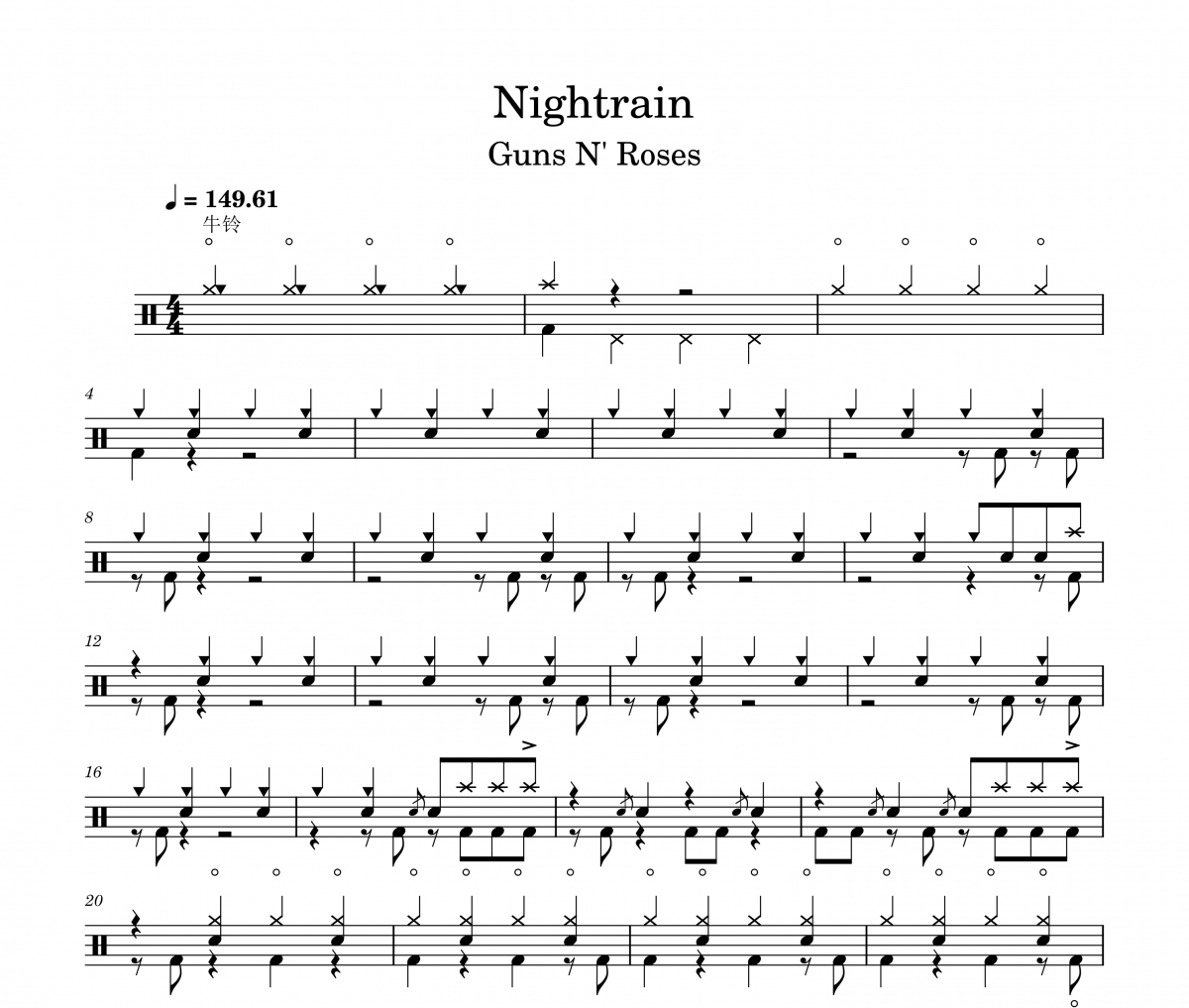 Guns N' Roses《Nightrain》架子鼓|爵士鼓|鼓譜 貝易制譜