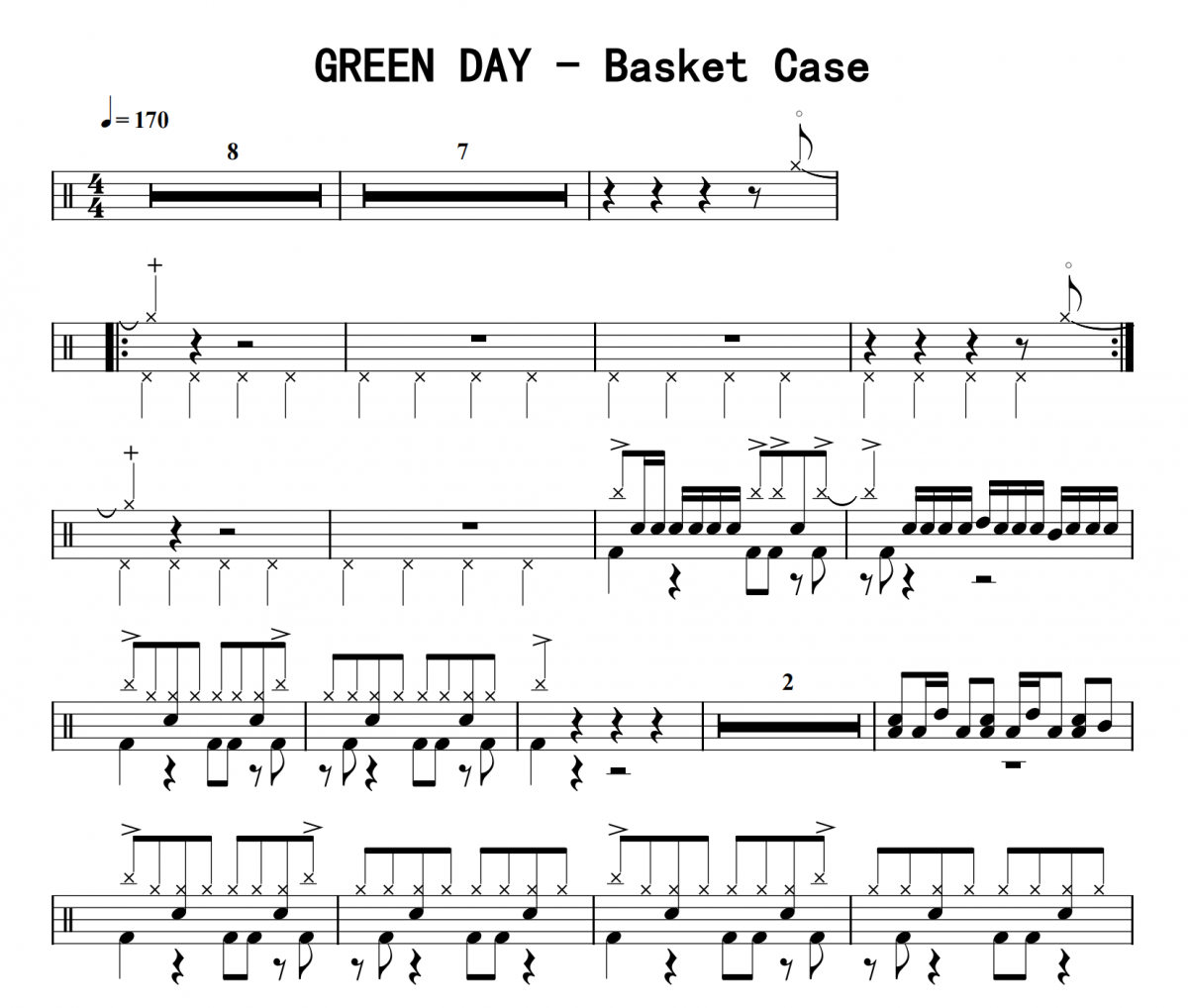 GREEN DAY《Basket Case》架子鼓|爵士鼓|鼓譜 8分音符制譜