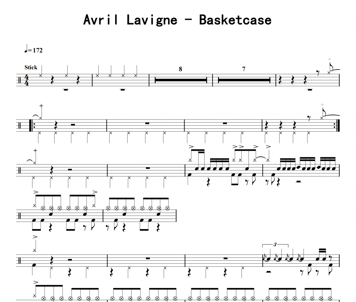 Avril Lavigne-Basketcase架子鼓|爵士鼓|鼓譜 8分音符制譜