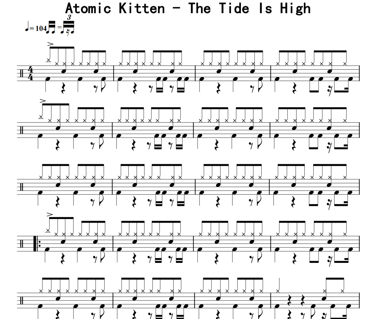 Atomic Kitten《The Tide Is High》架子鼓|爵士鼓|鼓譜 16分音符發(fā)布