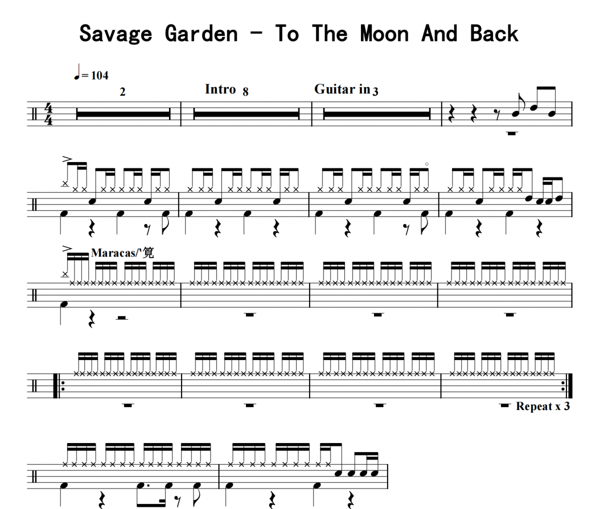 Savage Garden-To The Moon And Back架子鼓|爵士鼓|鼓譜 16分音符發布