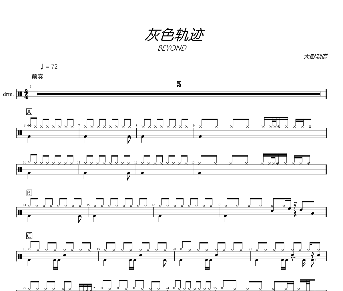 BEYOND《灰色軌跡》架子鼓|爵士鼓|鼓譜+動態視頻 大彭制譜