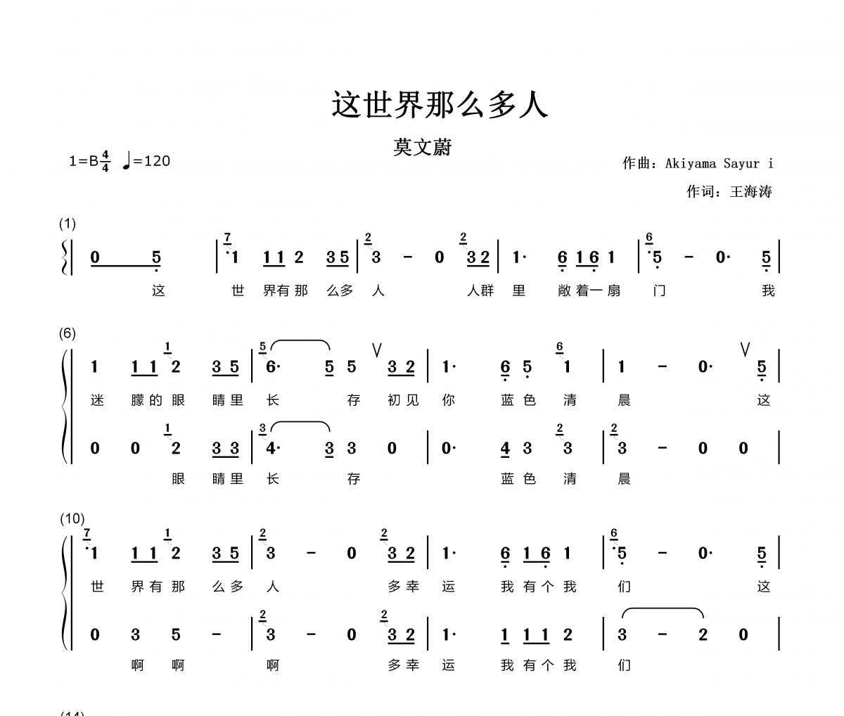 這世界那么多人簡譜 莫文蔚-這世界那么多人-帶歌詞簡譜
