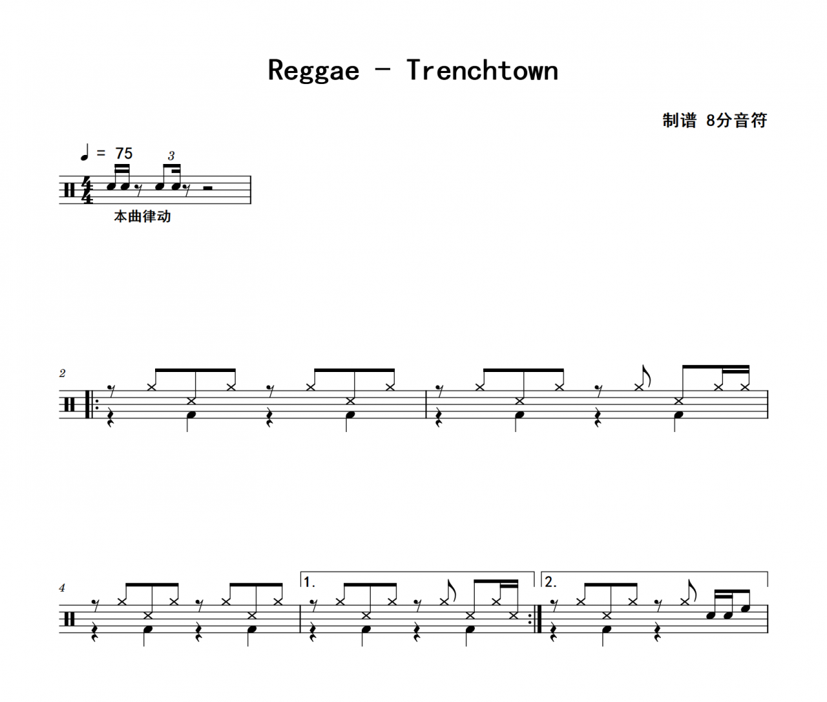 Trenchtown鼓譜 Reggae《Trenchtown》(無即興填充)架子鼓|爵士鼓|鼓譜