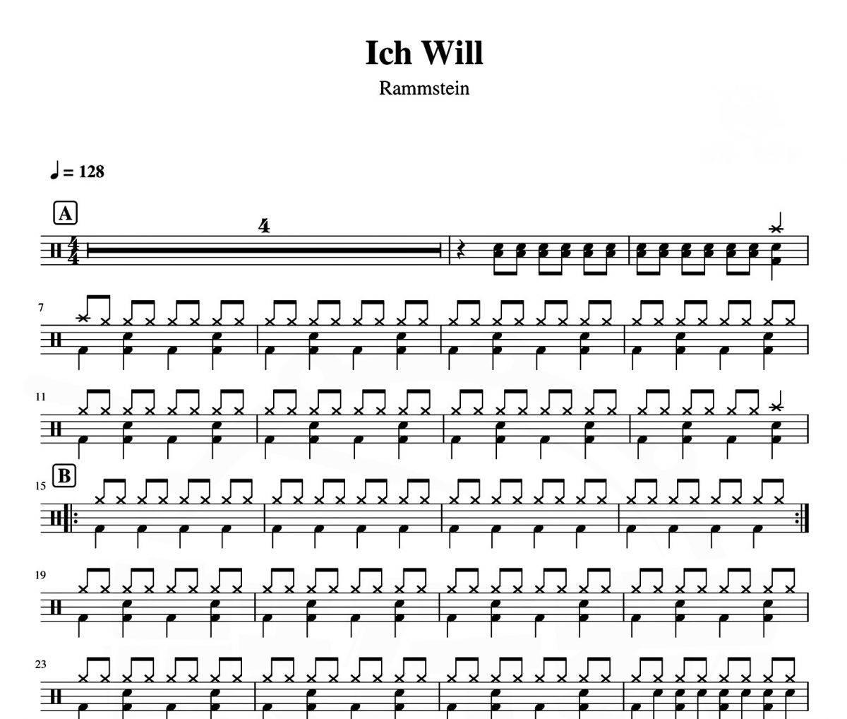 Ich Will鼓谱 德国战车《Ich Will》架子鼓|爵士鼓|鼓谱