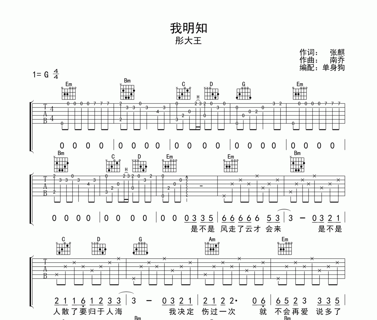 我明知 吉他譜 彤大王 《我明知 》G調彈唱譜